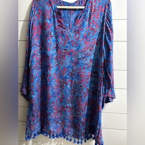 Soft Surroundings Blue Tie Dye Fringe Tunic Top Size Xl 3/4 Bell Sleeves